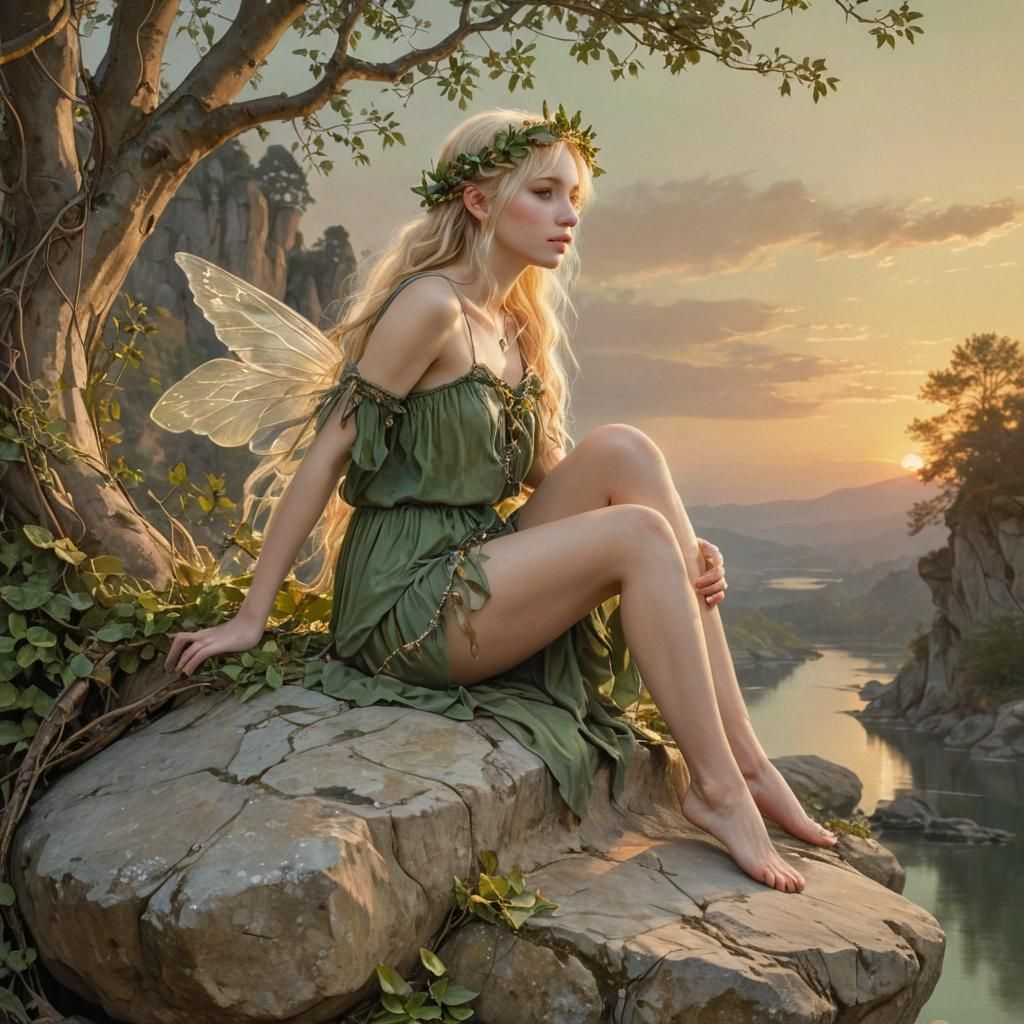 Young Fairy Watching Sunset in Whimsical Style