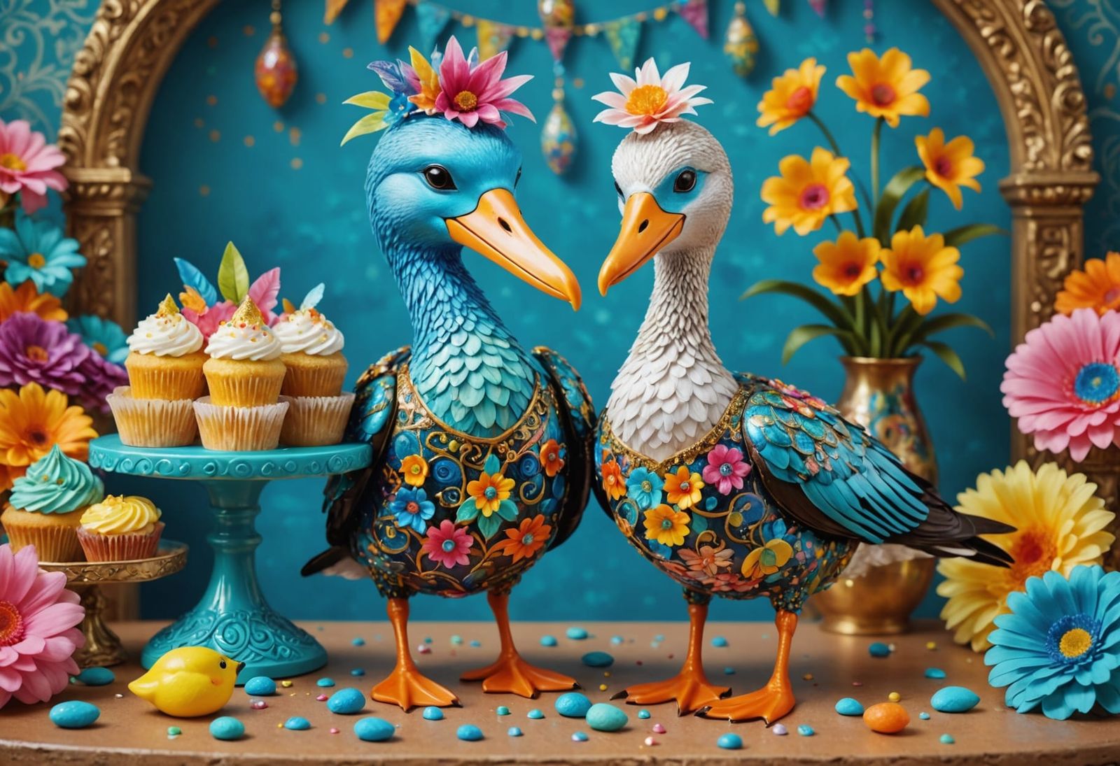 Vibrant Carnaval Scene with Blue-Footed Booby and Duck