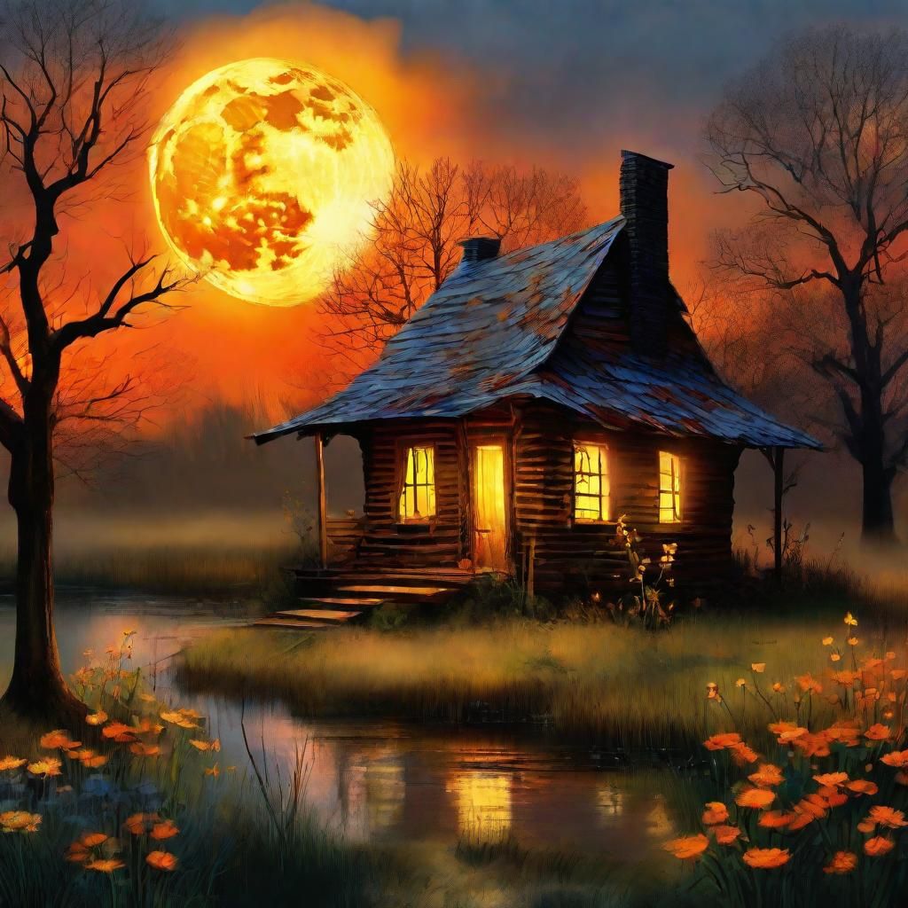 Whimsical Swamp Hut Under Orange Moon, Digital Painting