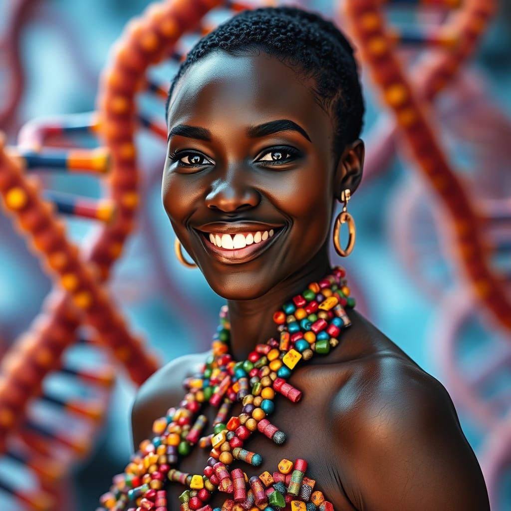 Afrofuturist Woman in Chromosome Dress with DNA Background