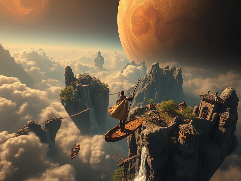 Man Paddles Flying Boat to Jupiter's Floating City