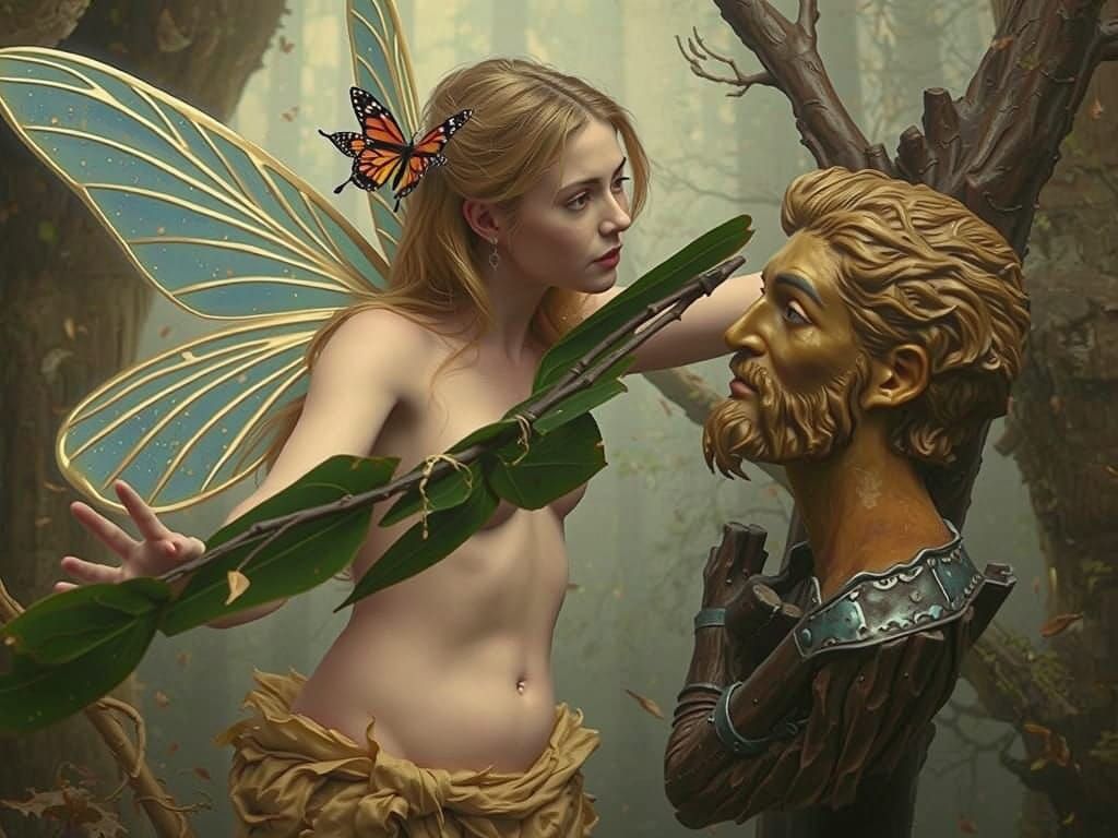 Blond Fairy Woman Beside Wooden Statue in Autumn Forest