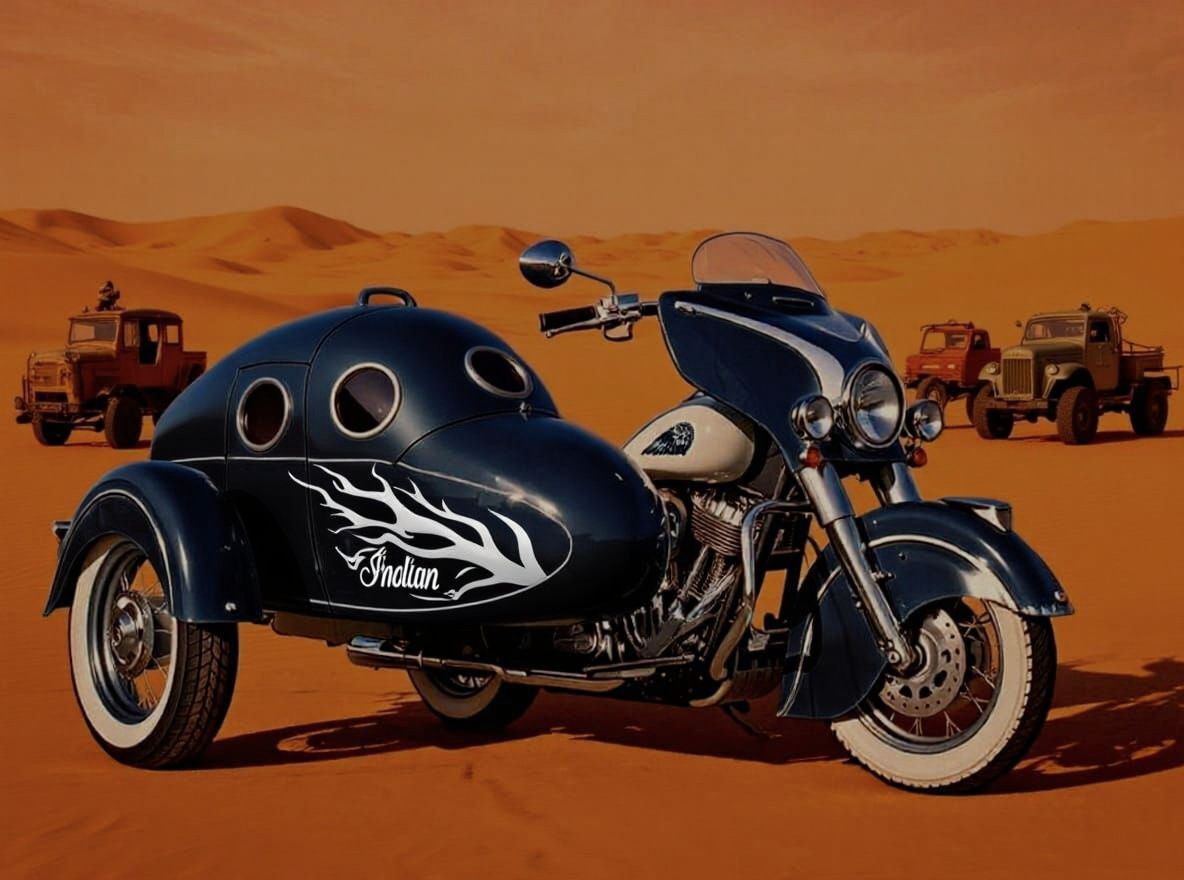 Indian Motorcycle with Elegant Covered Sidecar in Blue & Whi...