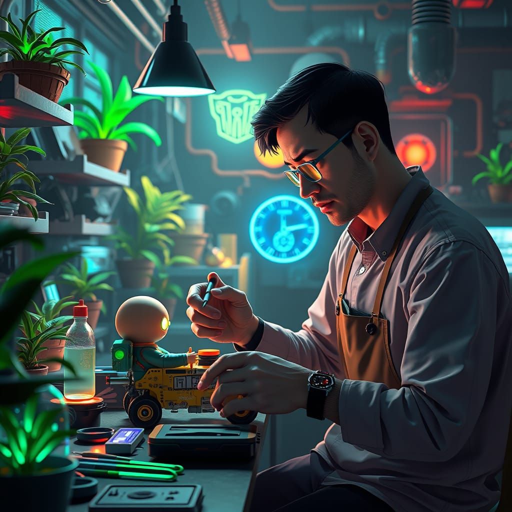 Futuristic Father Fixing Toy with Bioluminescent Tools