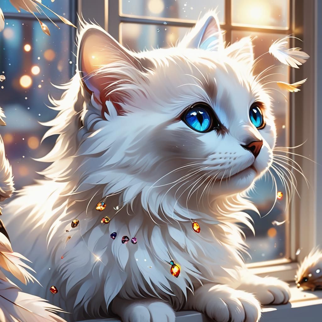 Ragdoll Kitten Gazing at Feathered Mice in Manga Style