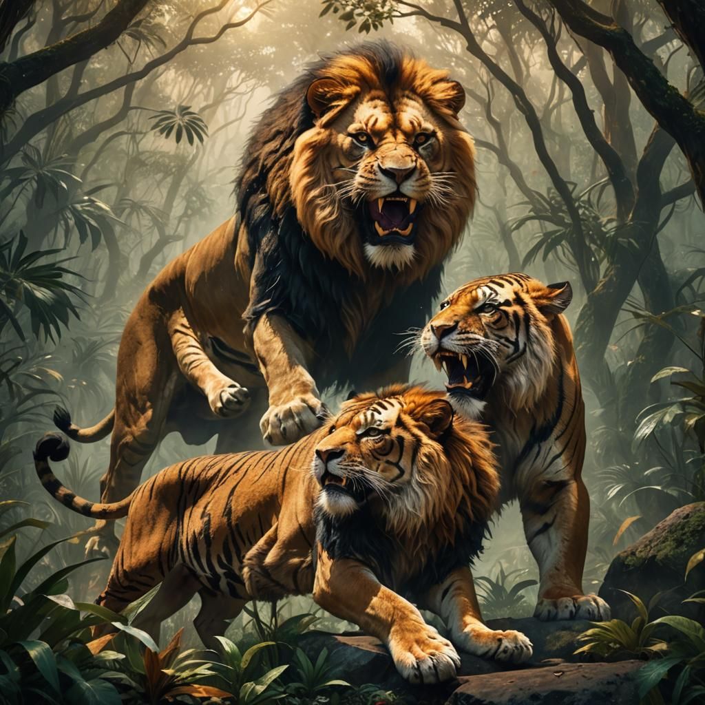Lion and Tiger Clash in Jungle: Fantasy Illustration