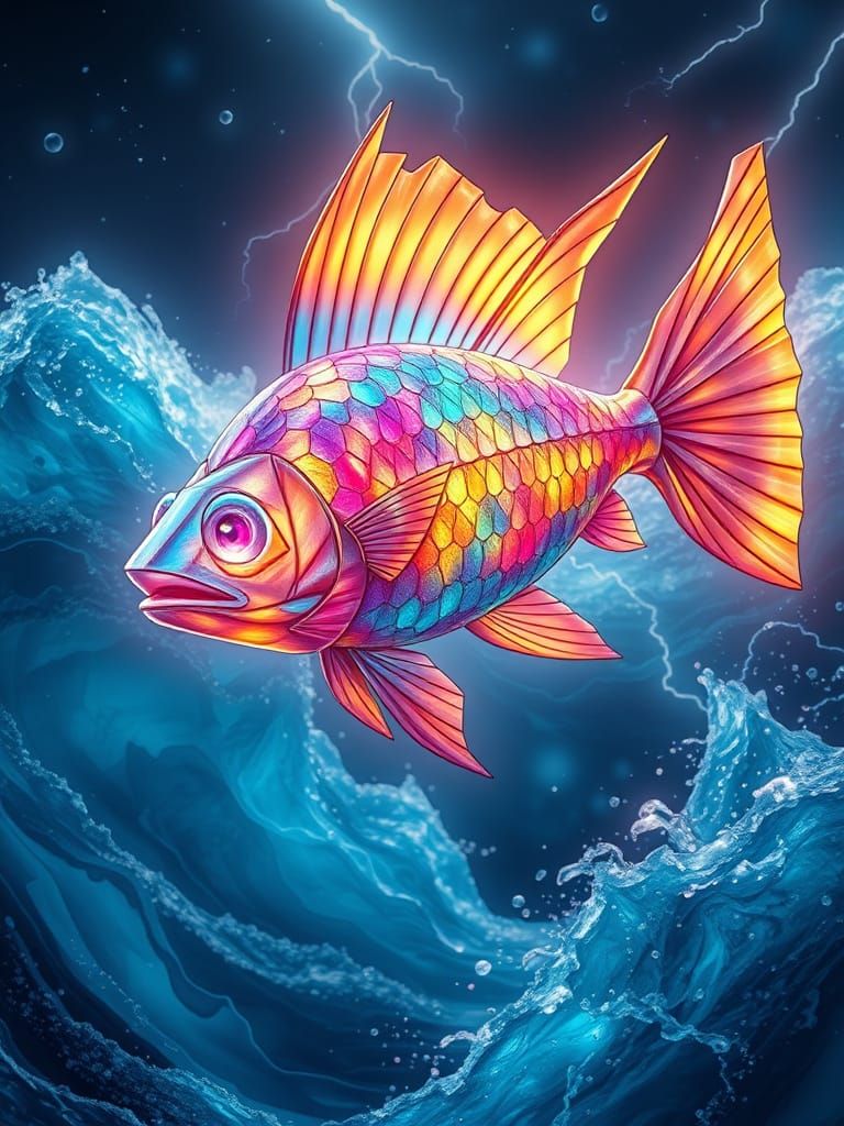 Anthropomorphic Origami Fish Leaping in Stormy Sea