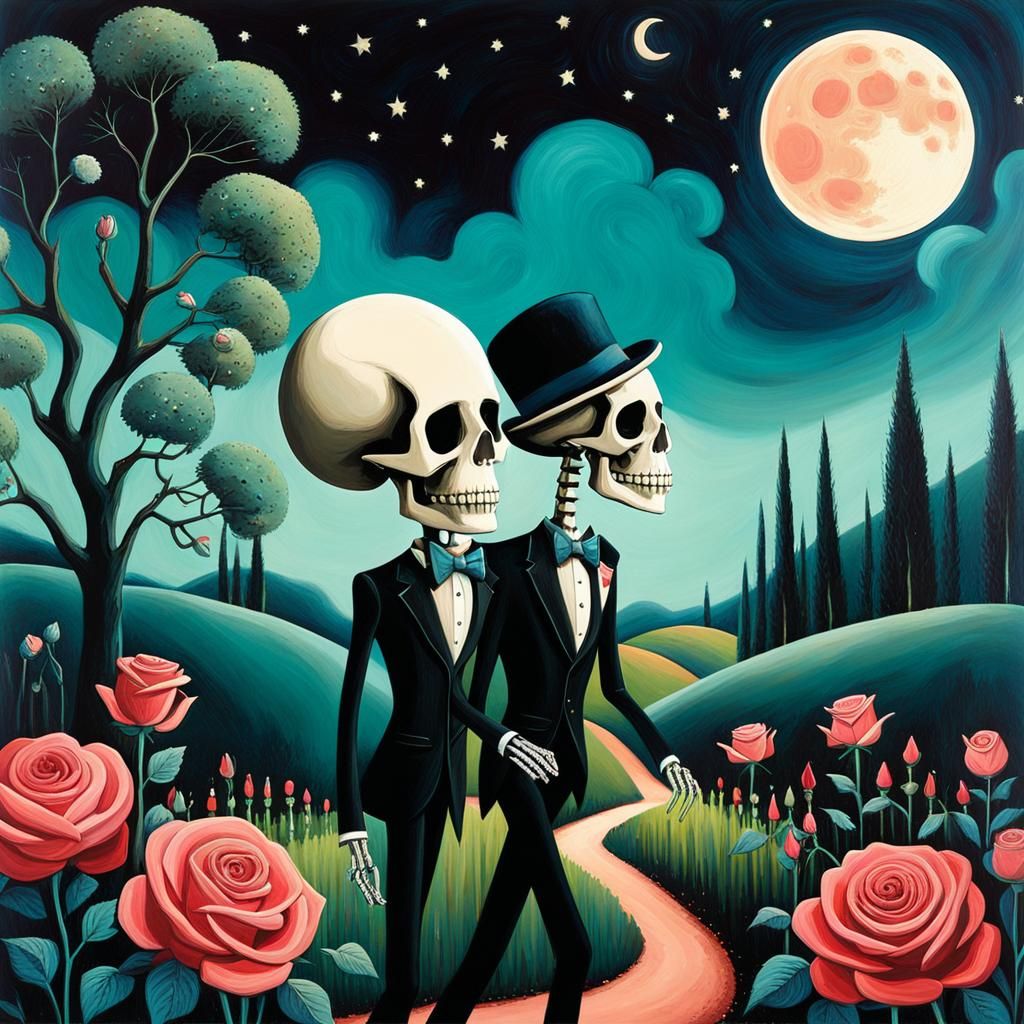 Whimsical Skeletons Stroll Through Moonlit Rose Garden