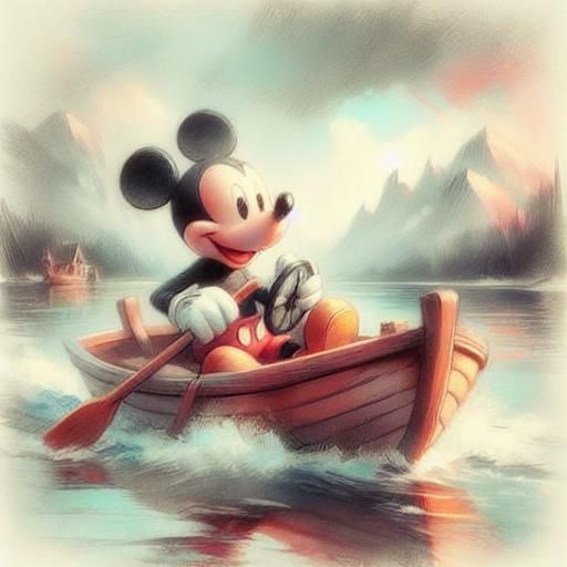 Mickey Mouse Driving Boat in Pastel Watercolor