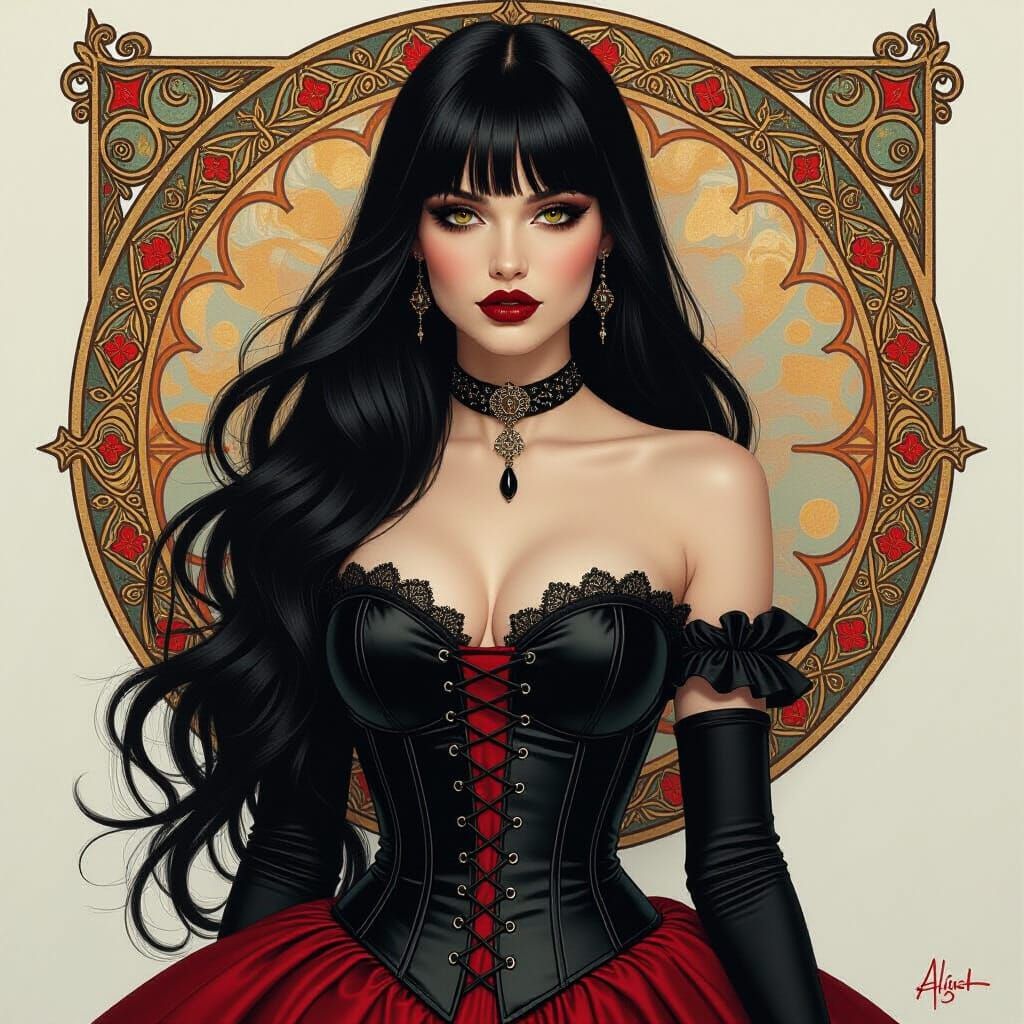 Gothic Woman in Art Nouveau Oil Painting