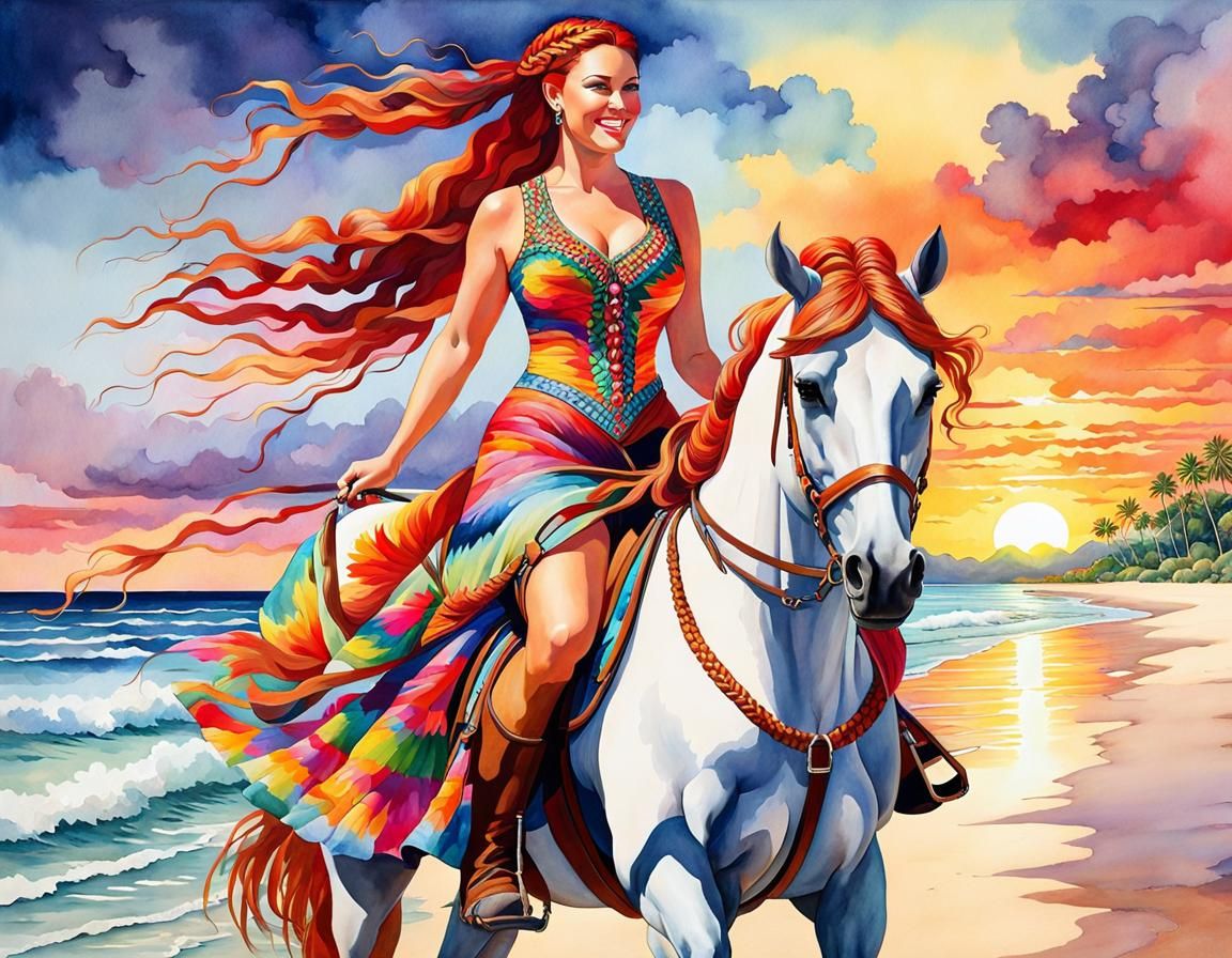 Woman Riding Horse on Beach at Sunset in Watercolor