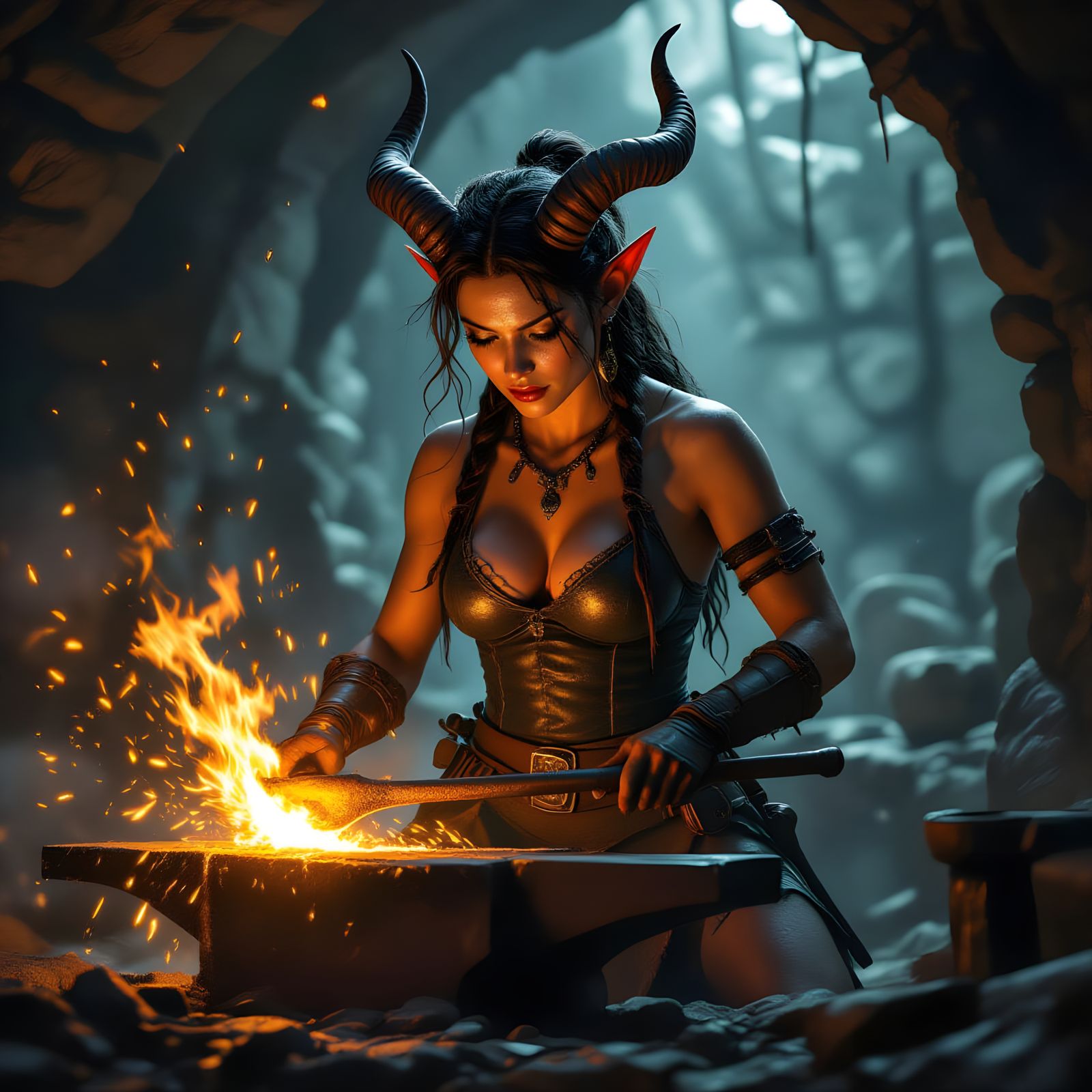 Female Satyr Blacksmith Forging Metal in Fiery Cavern