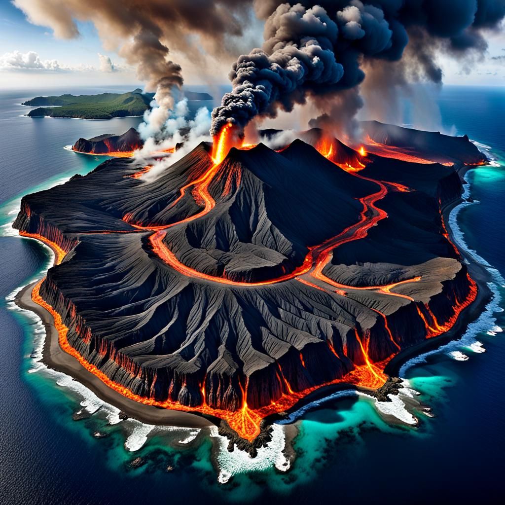 Island Engulfed in Eternal Flames: 3D Digital Art