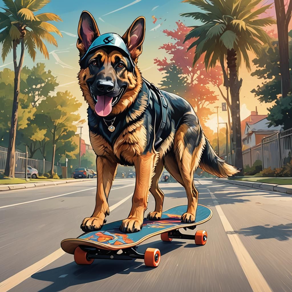 German Shepherd Skateboarder in Playful Digital Art