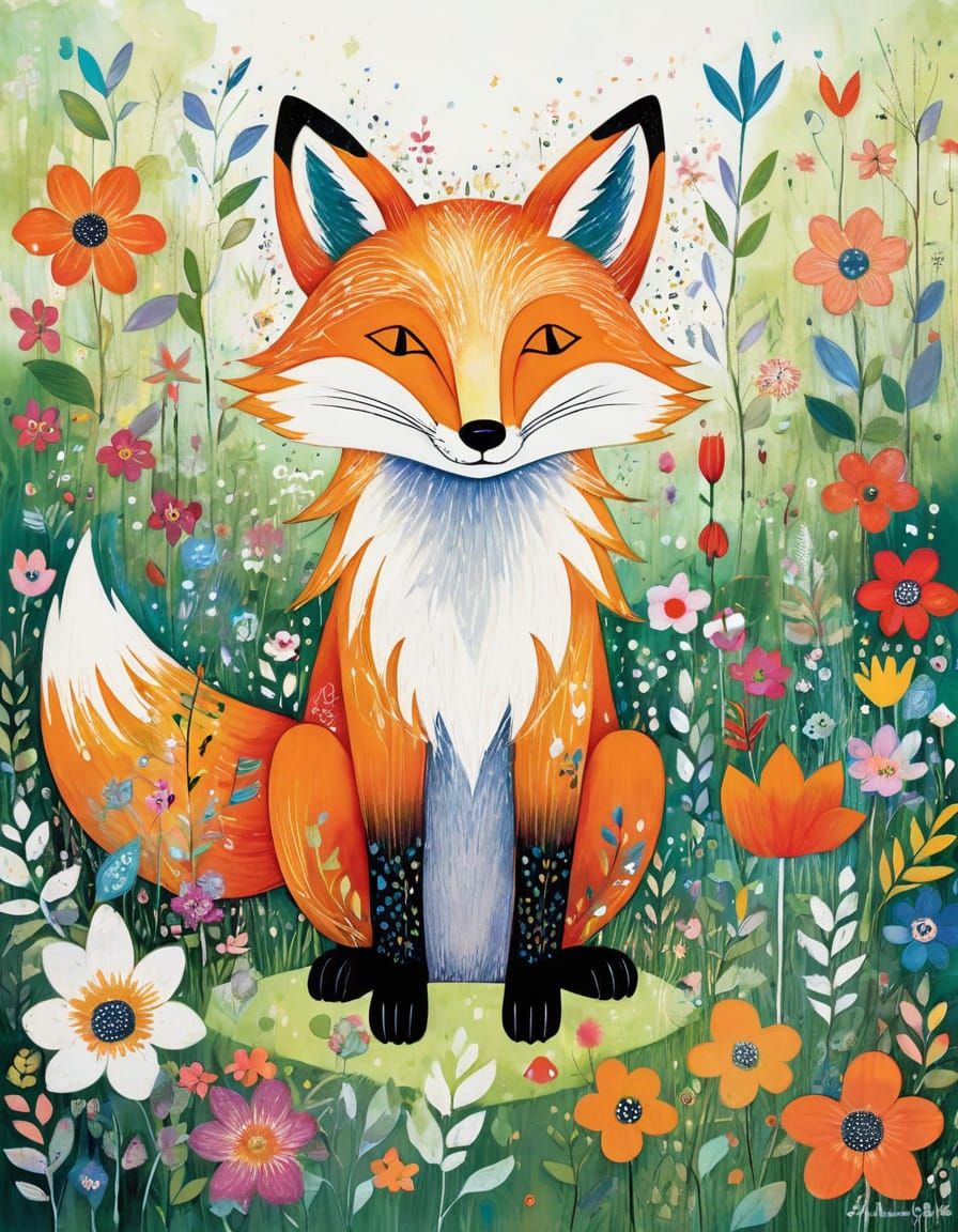 Whimsical Fox in Vibrant Floral Wonderland