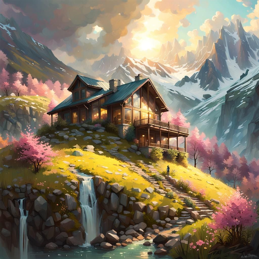 Mountain Home in Springtime, Dramatic Lighting