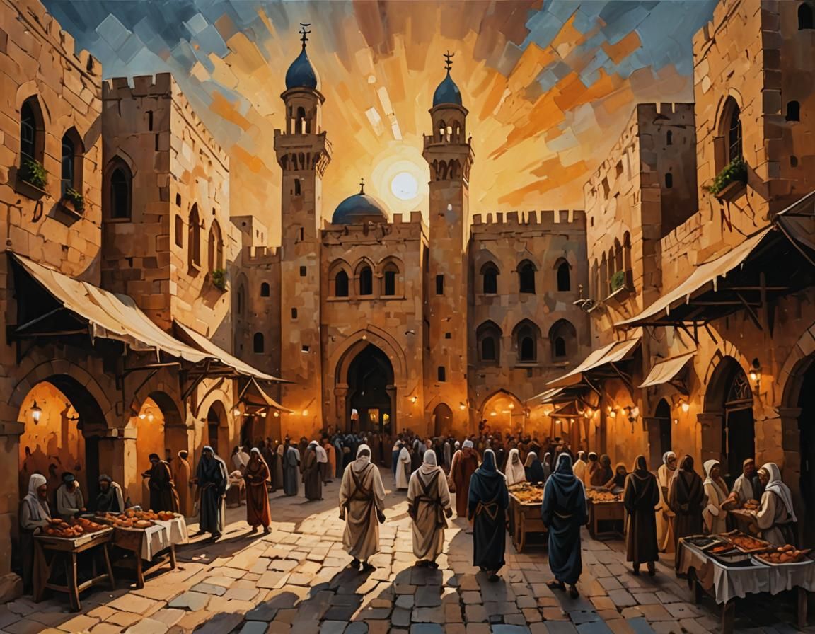 Bustling Medieval Arabic Market Square, Impasto Acrylic