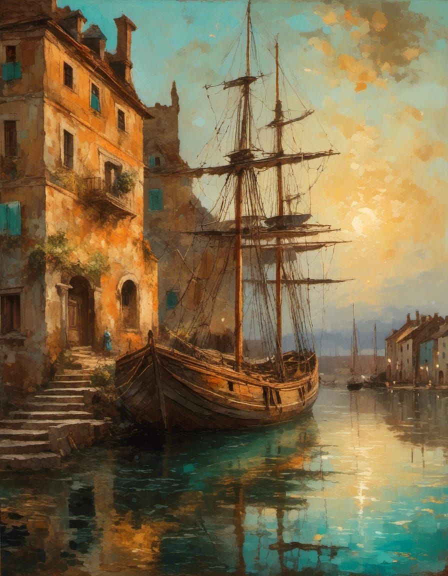 Renaissance Sailboat in Harbor, Oil Painting Style