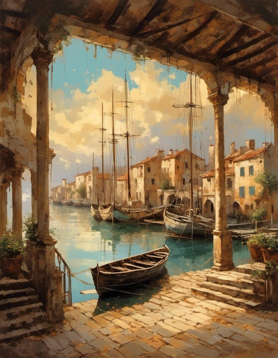 Baroque Harbor Scene with Golden Light
