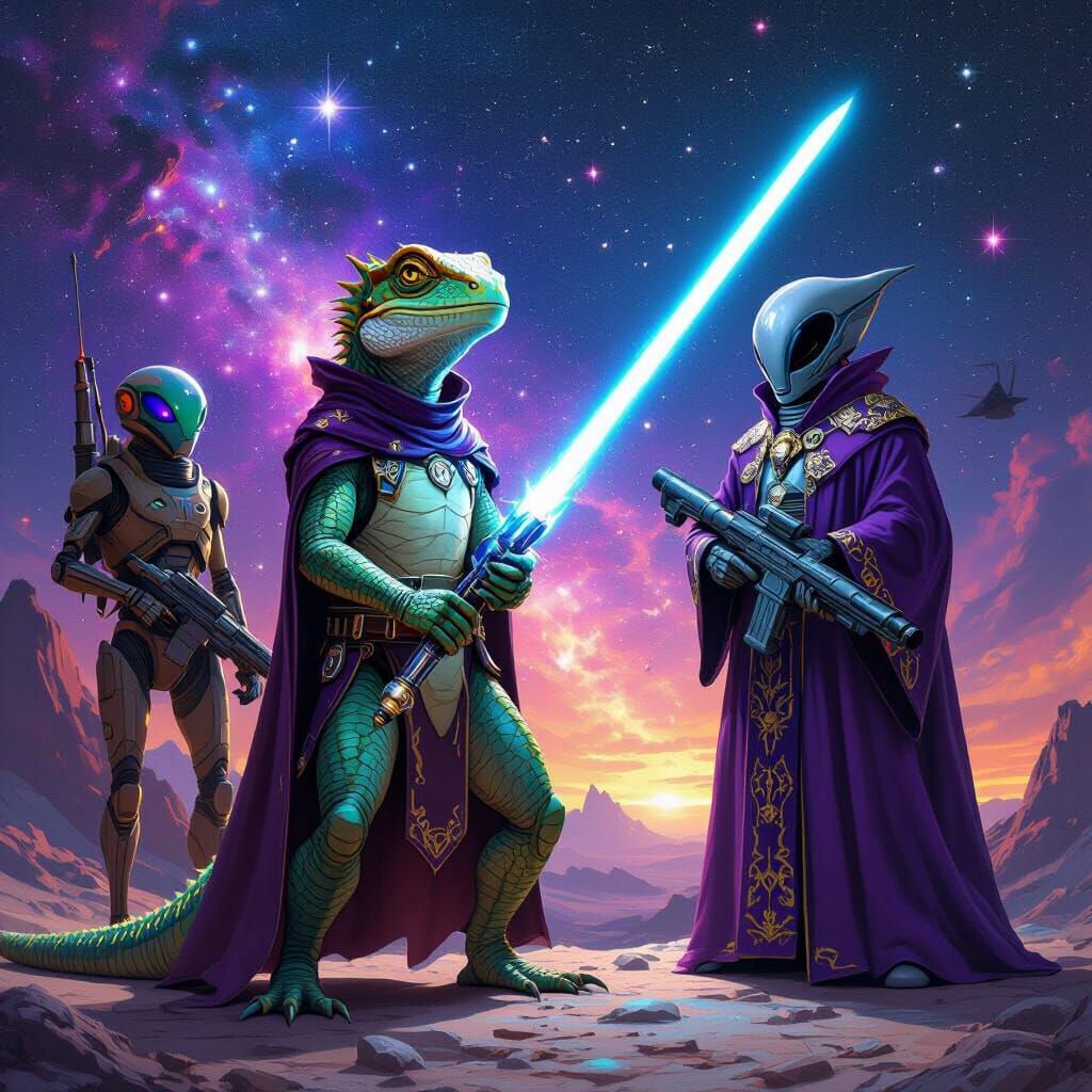 Cosmic Trio: Lizard, Grey, and Insect Aliens in Sci-Fi Art