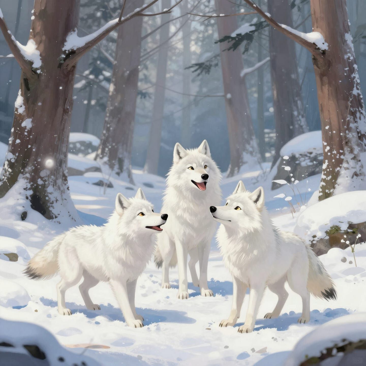 Charming Wolf Pack in Snowy Forest Light