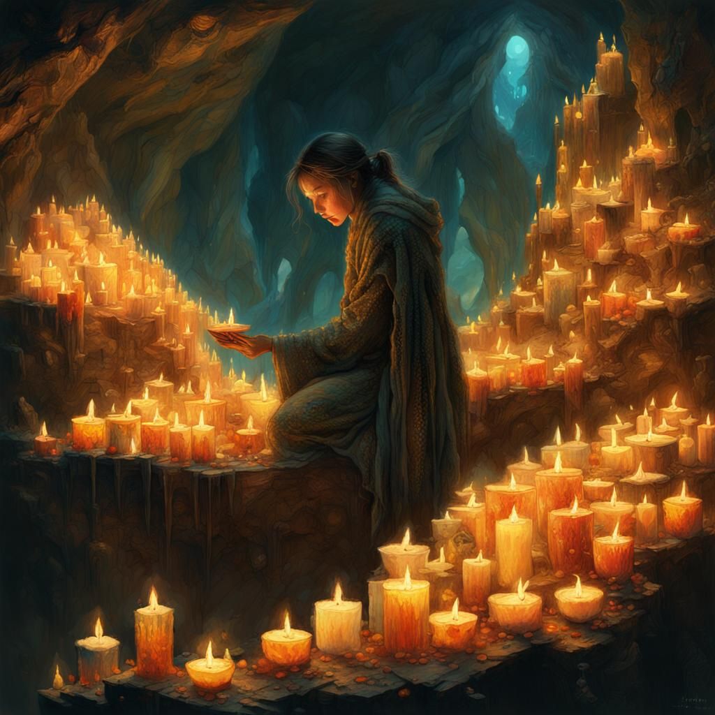 Candlelit Cave in Digital Pointillism Style