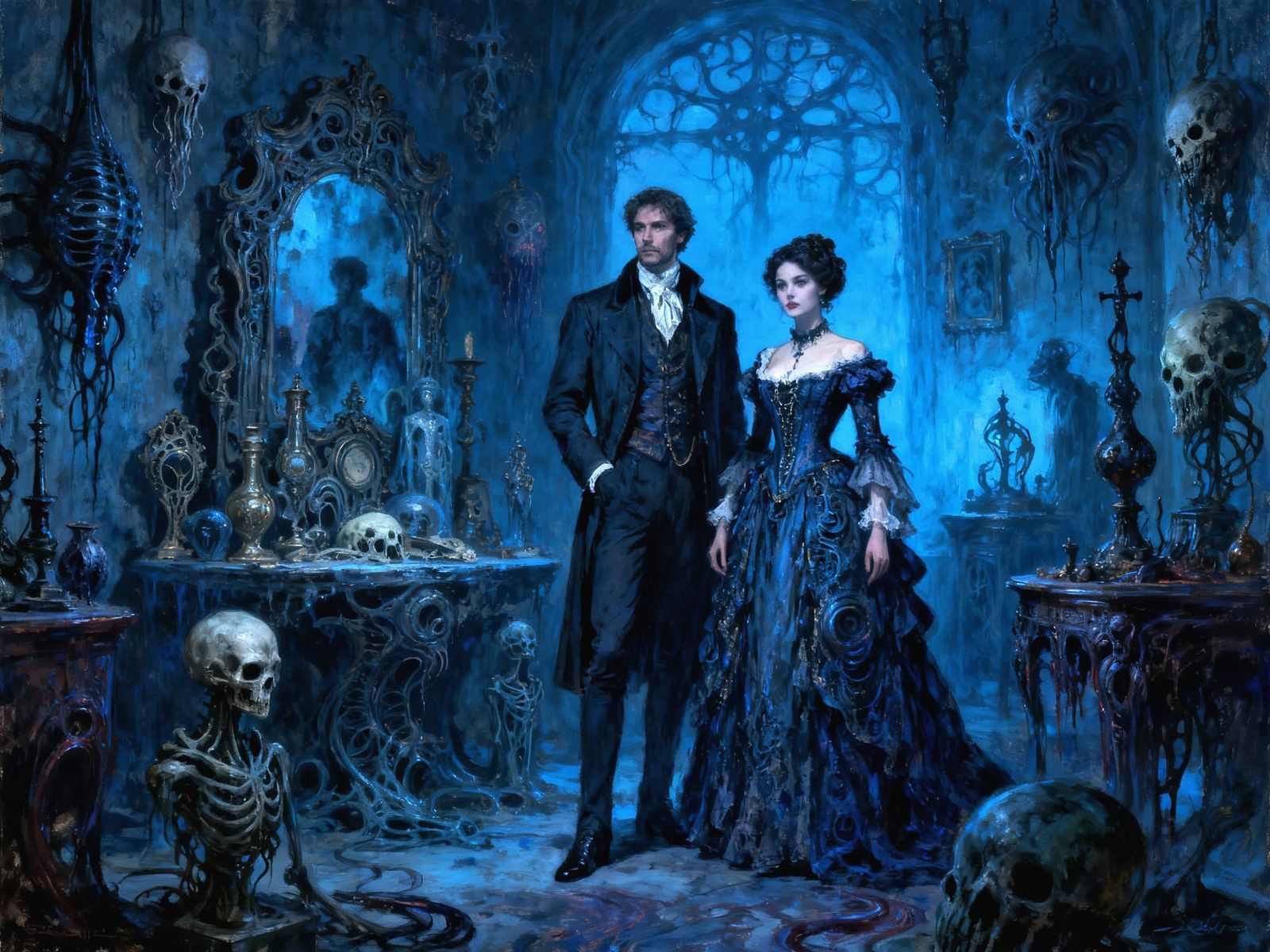 Gothic Eccentric Couple in Blue Oil Painting