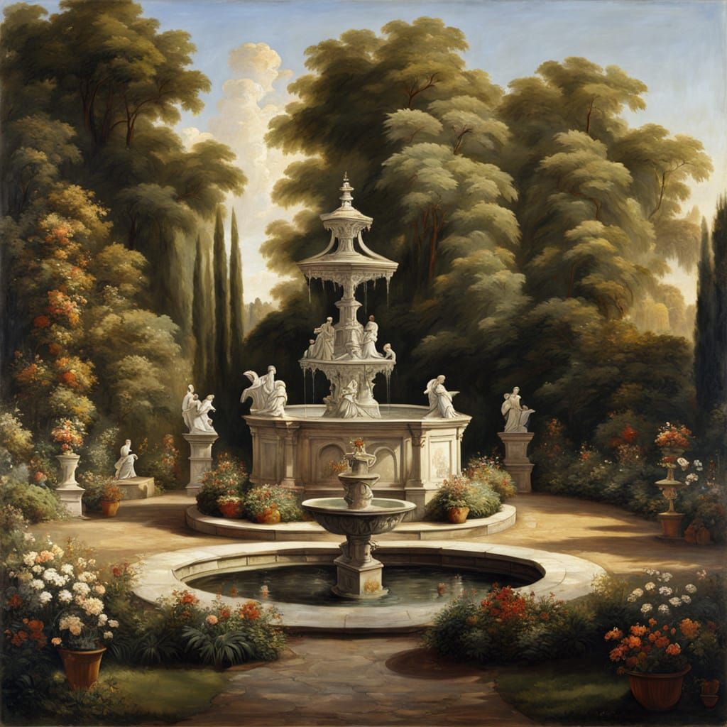 Intricate Baroque Garden with Marble Gazebo
