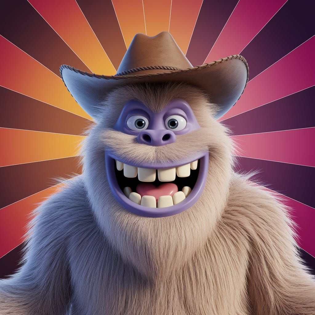 Smiling Yeti in Cowboy Hat on Vibrant Gradient Background