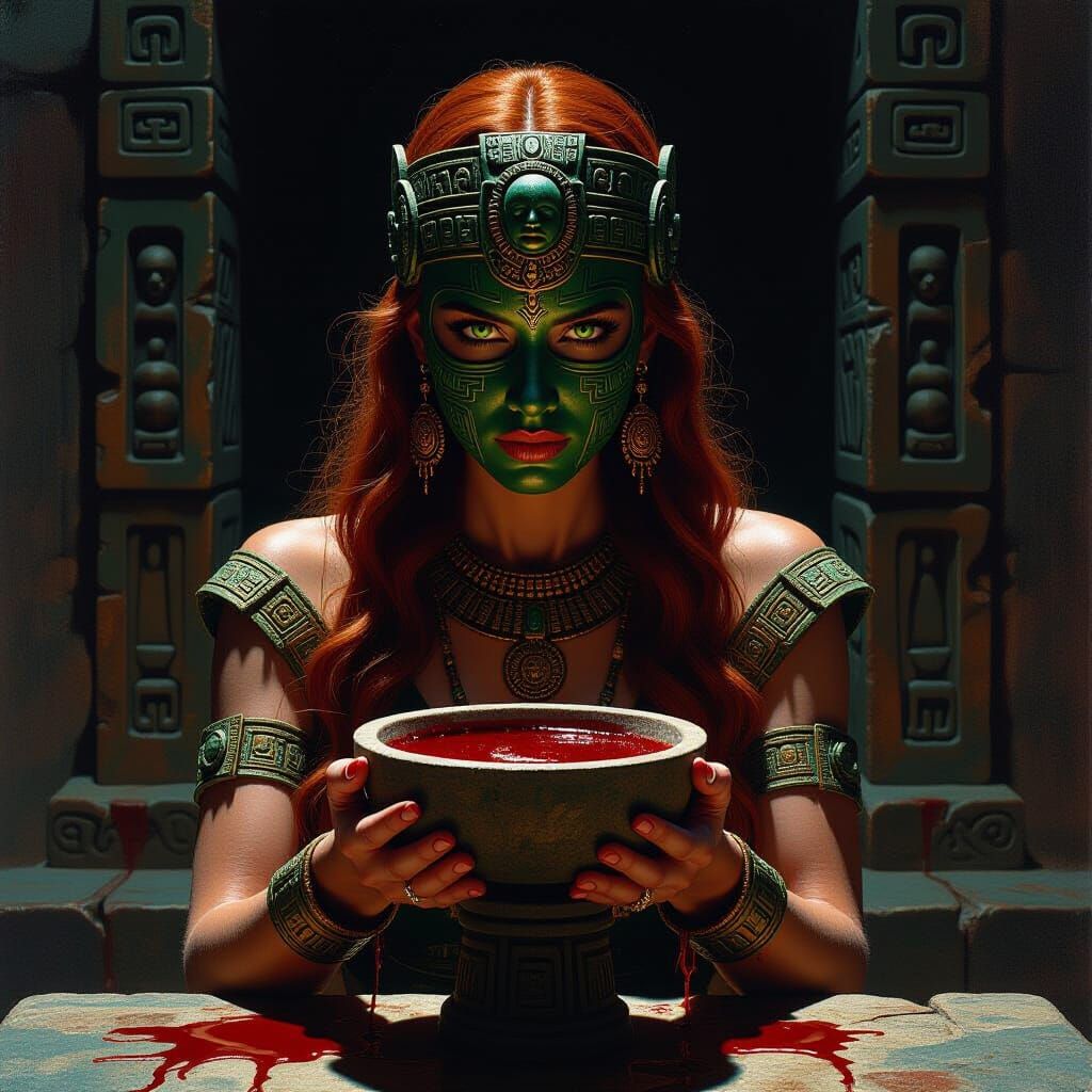 Mayan Priestess With Blood Bowl in Dreamlike Temple
