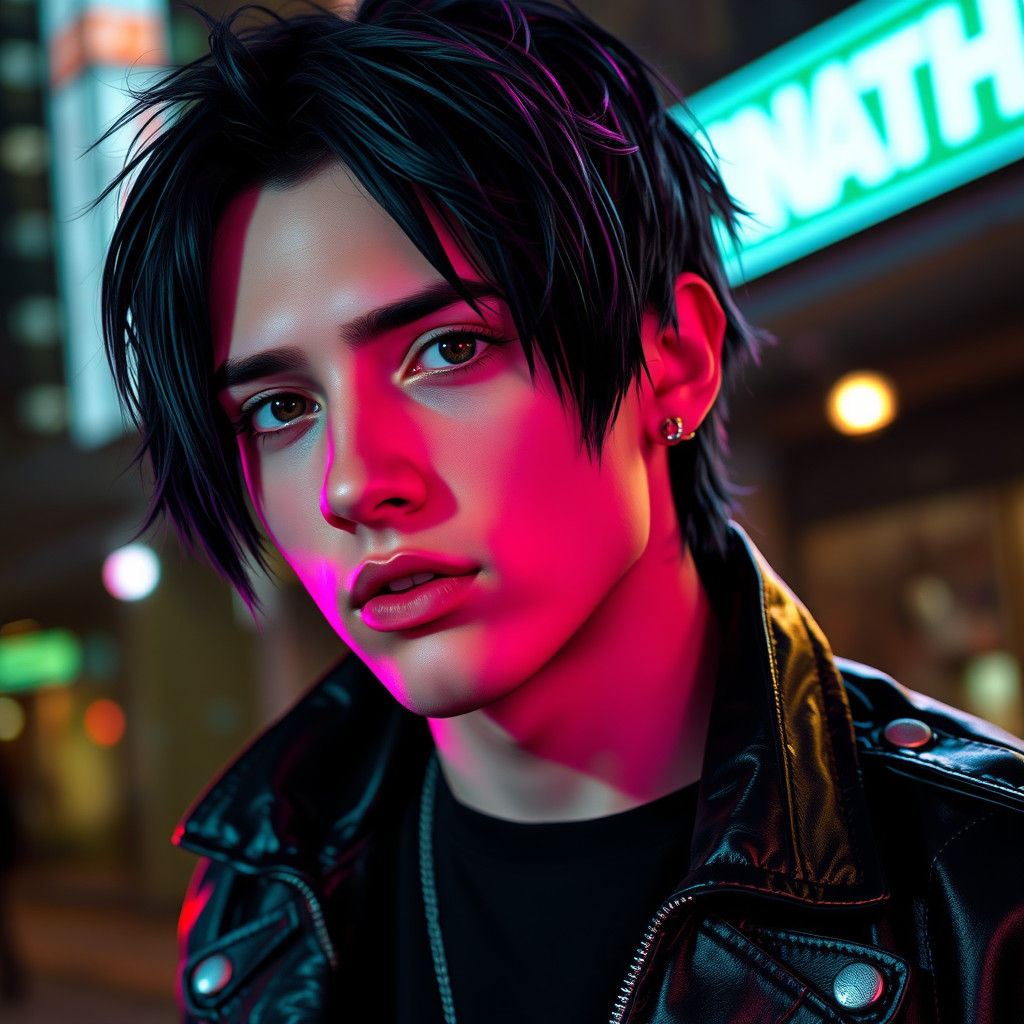 Moody Goth Heartthrob in Neon Spotlight