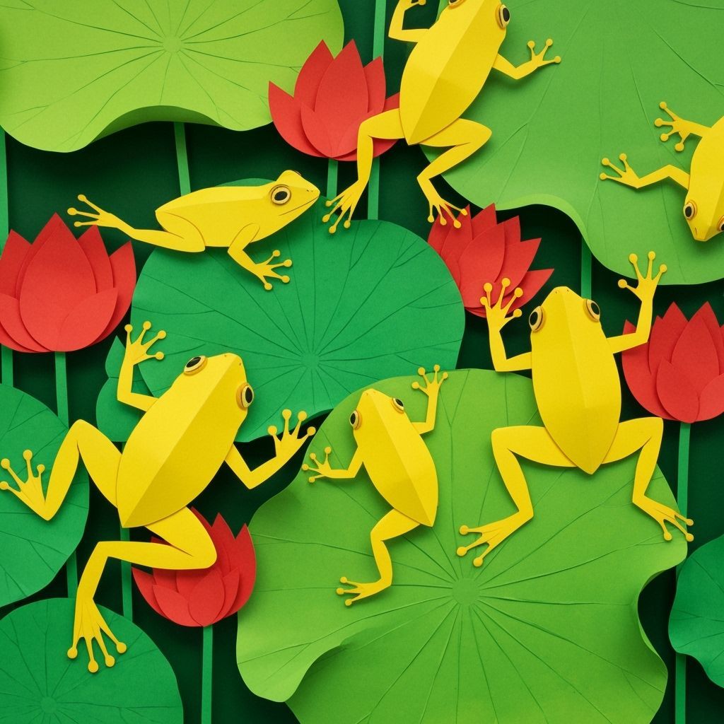Paper Frogs Leaping on Lotus Leaves in Illustrative Style