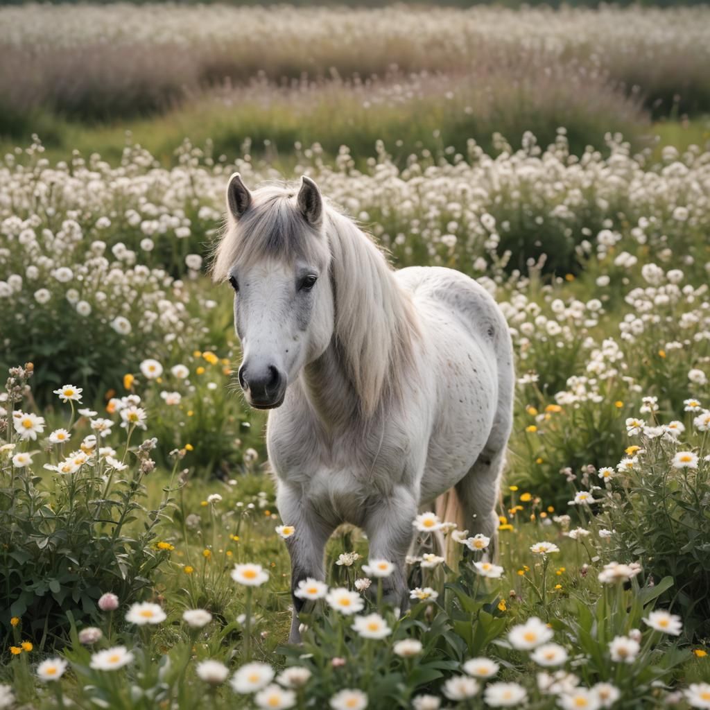 Miniature Horse in Flower Field: Professional Photography