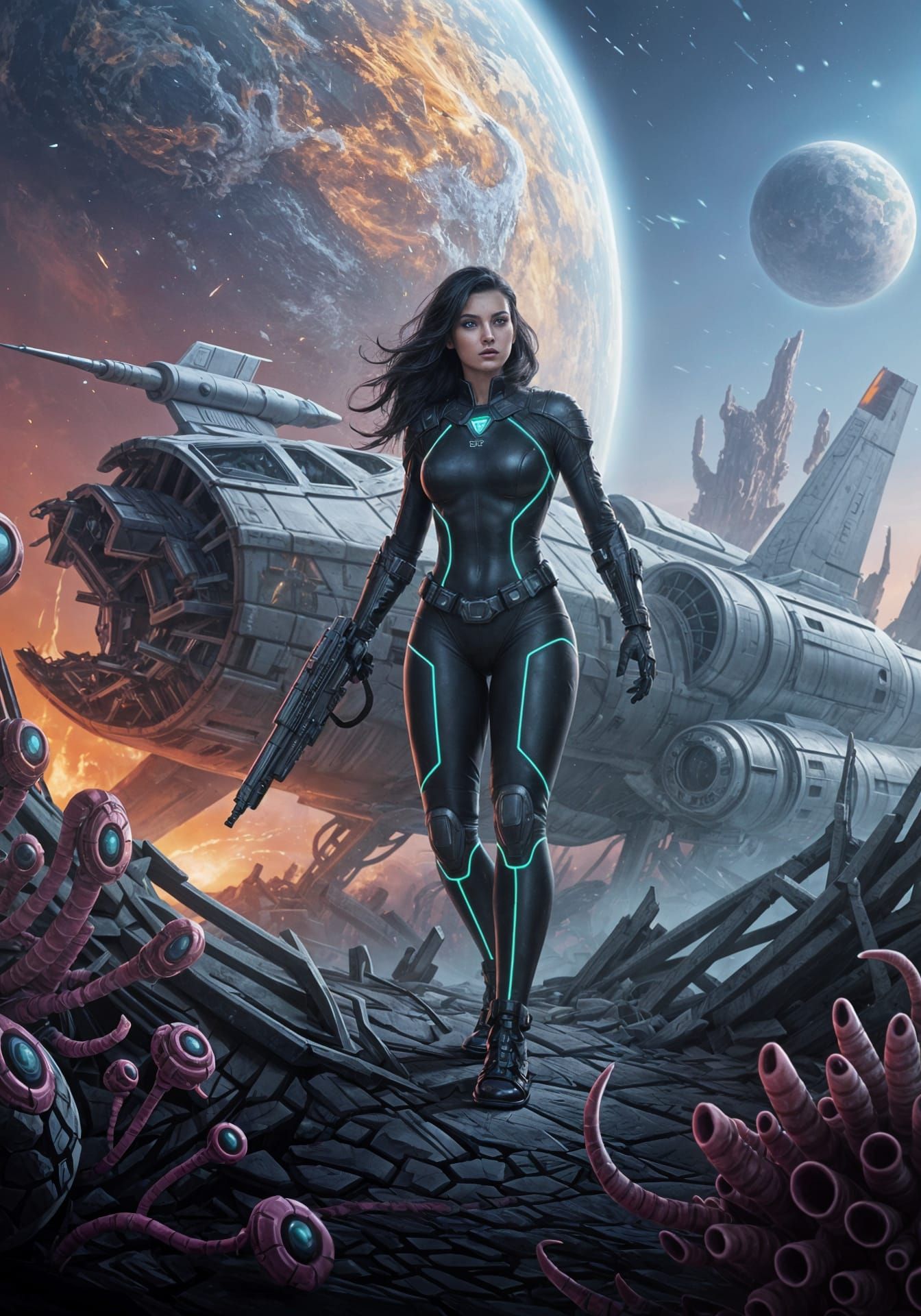 Crash Landing on Alien World: Hyperrealistic Splash Art