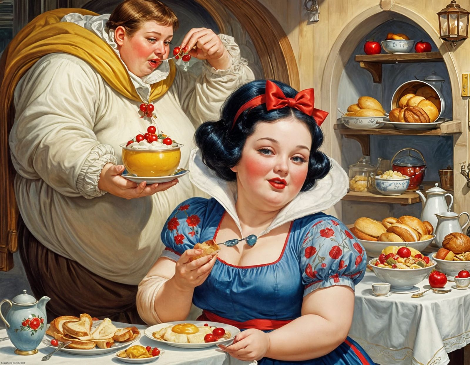 Obese Snow White Enjoying a Big Breakfast
