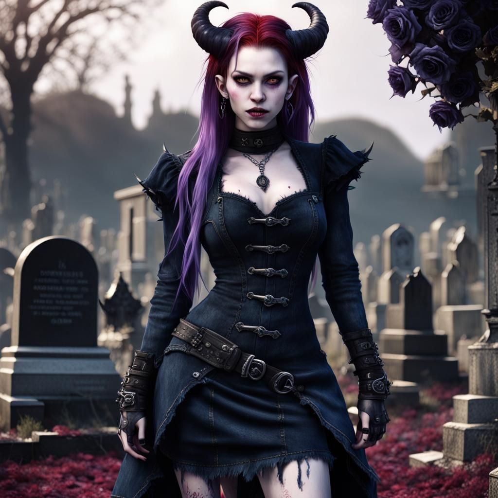 Gothic Tiefling Girl in Rose Graveyard