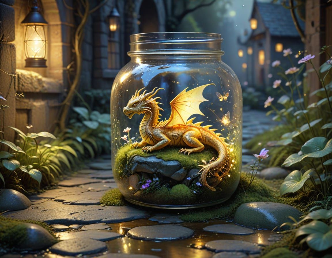 Whimsical Golden Dragon Asleep in Glass Jar - Storybook Illu...