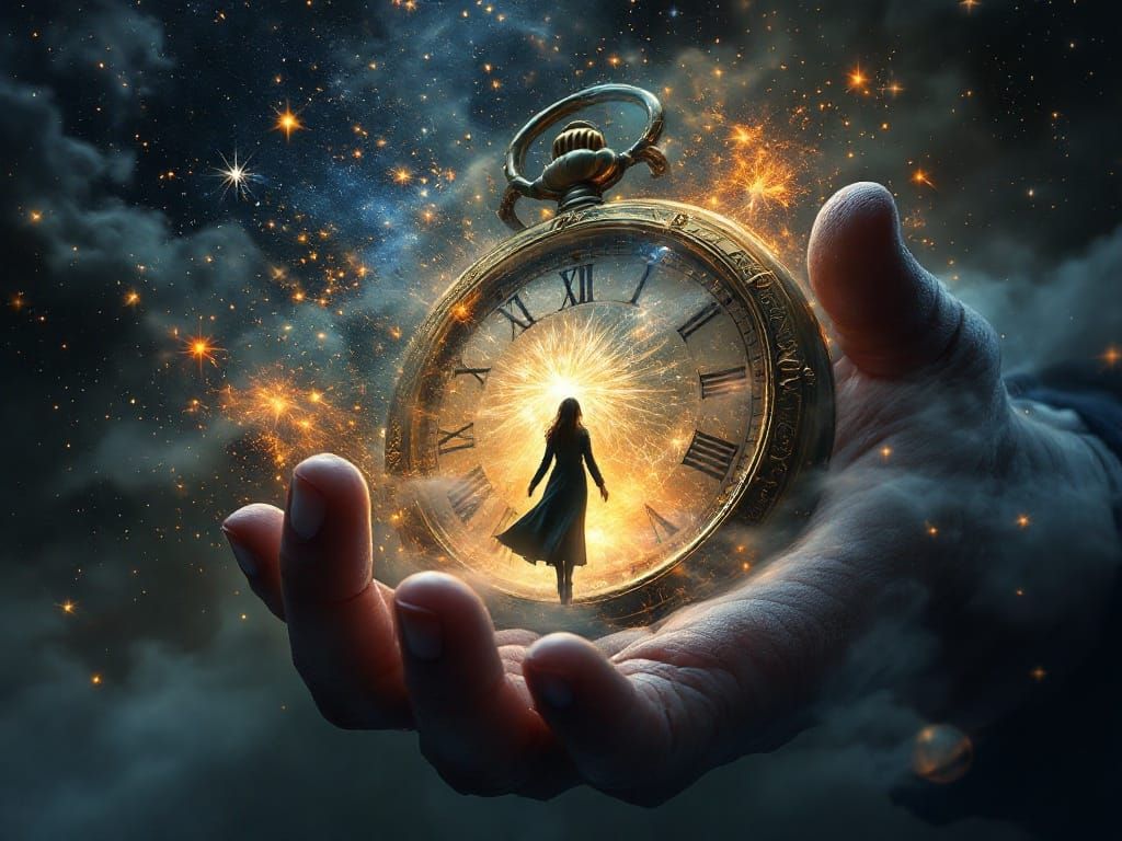 Mystical Timekeeper in Cosmic Dreamscape
