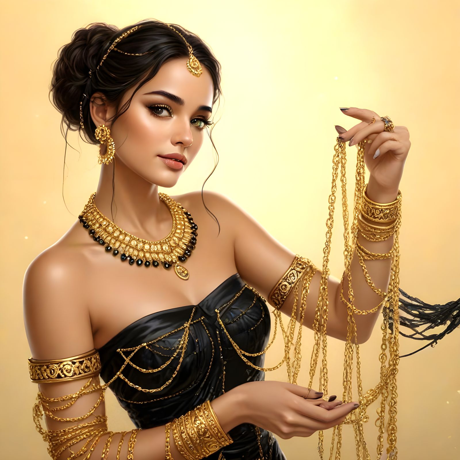 Ethereal Woman Surrounded by Golden Luxury in a Vibrant Blac...
