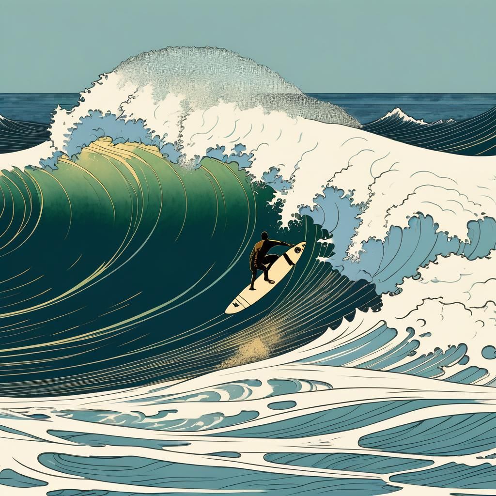 Surfer Rides Wave in Ukiyo-e Style Seascape