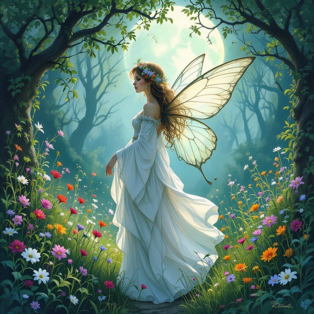 Fairy in Moonlit Forest, Dreamy Illustration