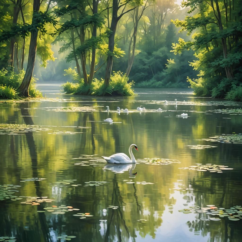 Swans on Forest Lake: Impressionist Landscape