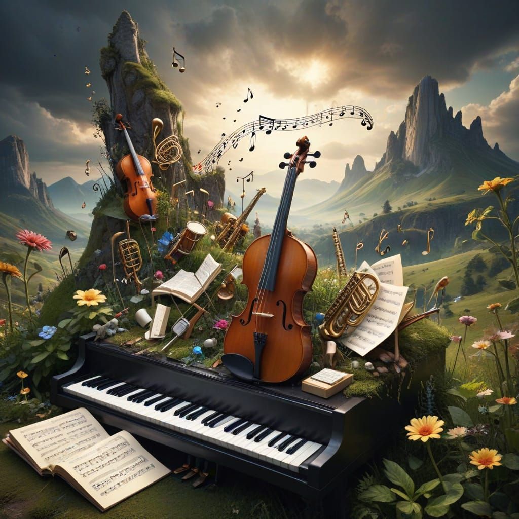 Fantasy Musical Landscape with Vibrant Instruments and Melod...