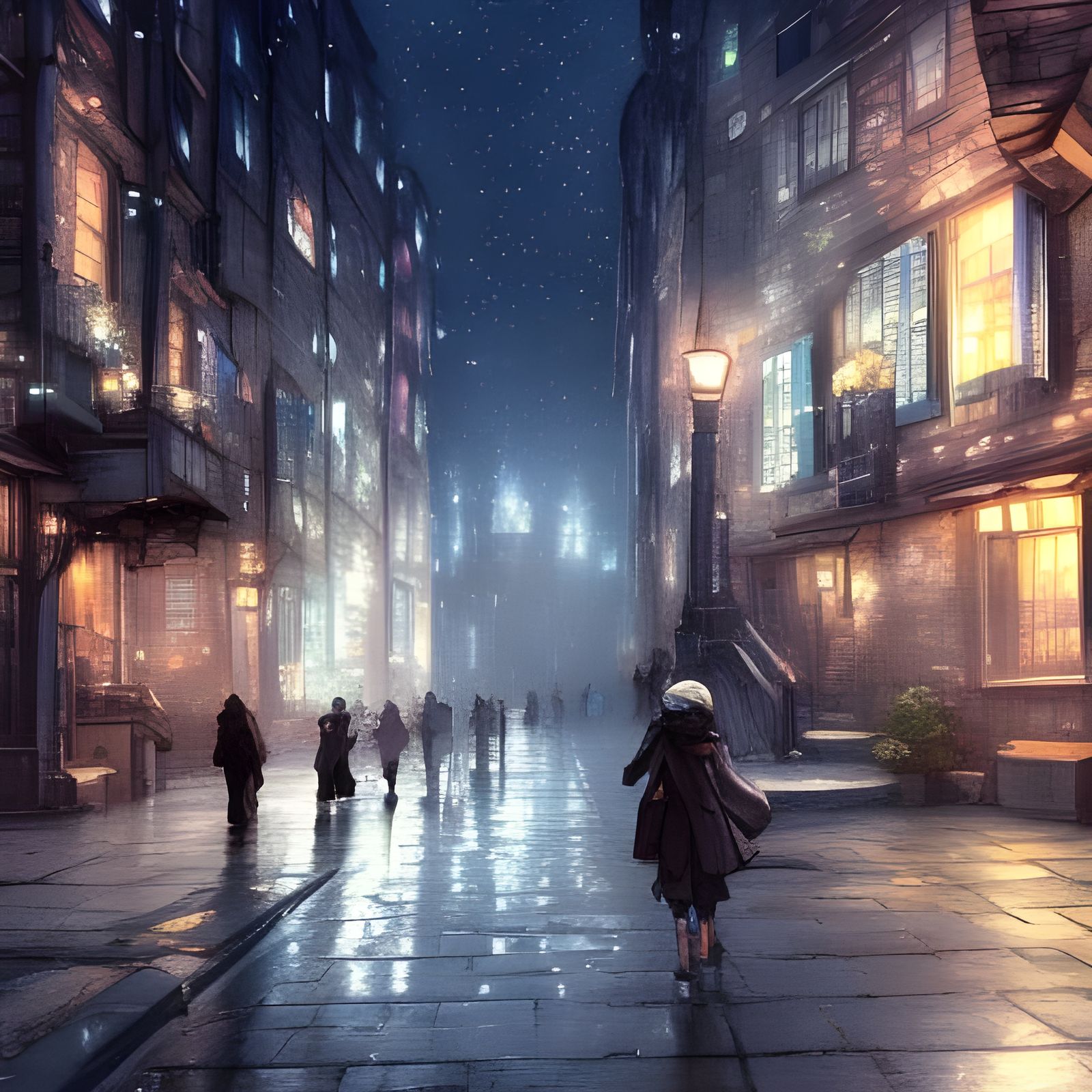 Nighttime Cobblestone Street with Shining Stars, Anime Style