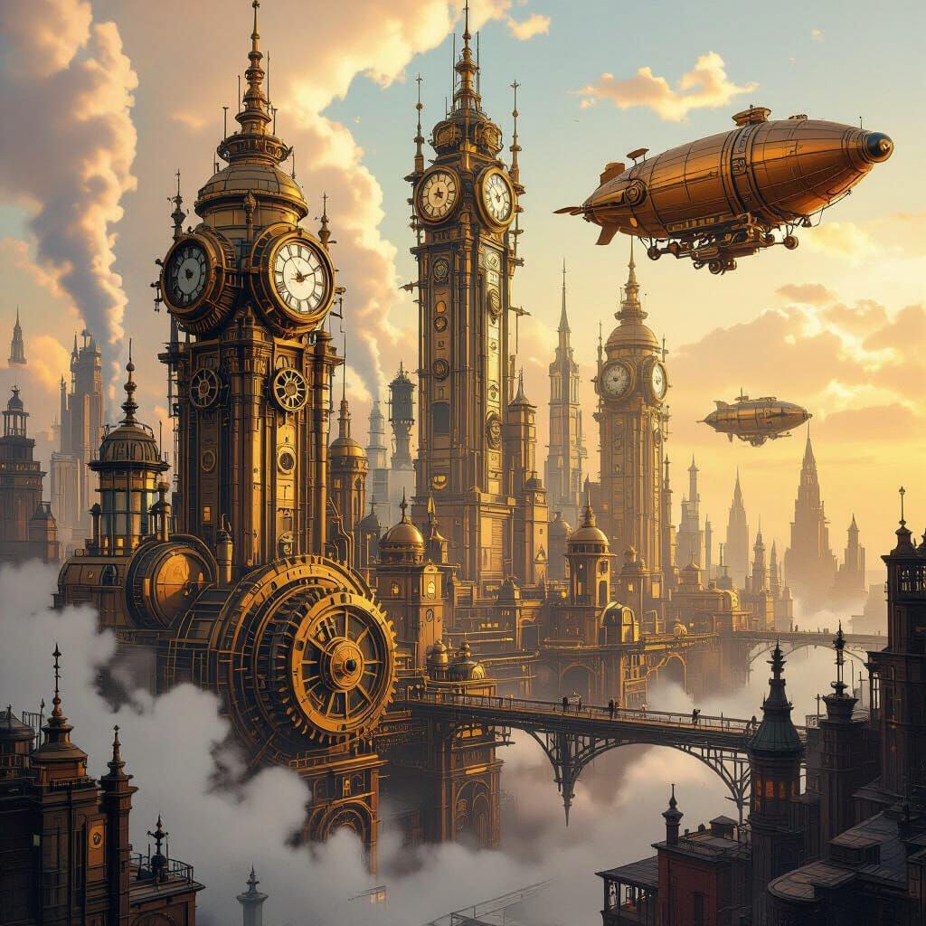 Steampunk Cityscape with Clockwork Skyscrapers in Industrial...
