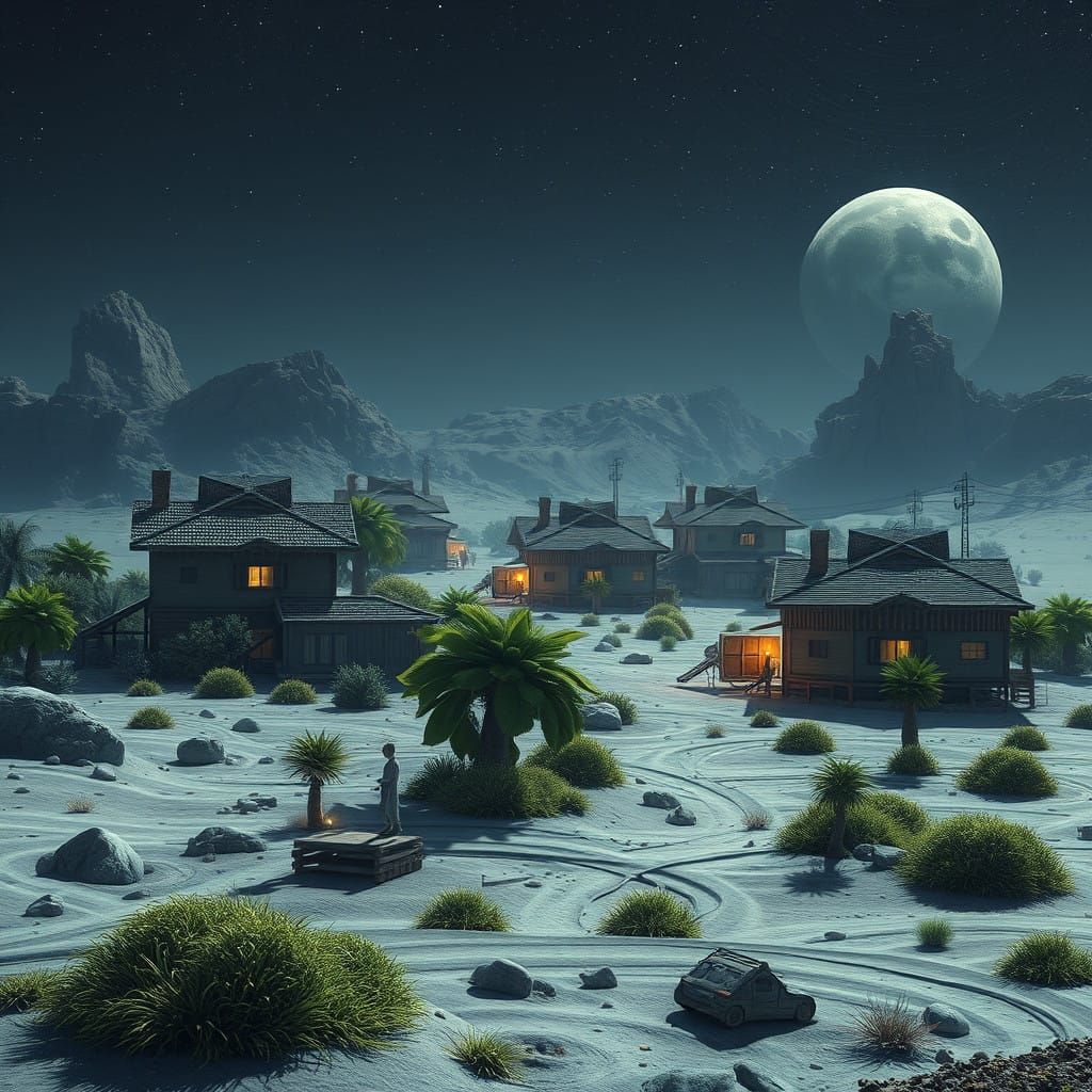 Surreal Lunar Suburbia with Vibrant Alien Flora