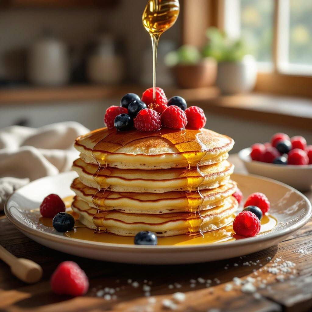 Pancakes with Honey and Berries in Photorealistic Style
