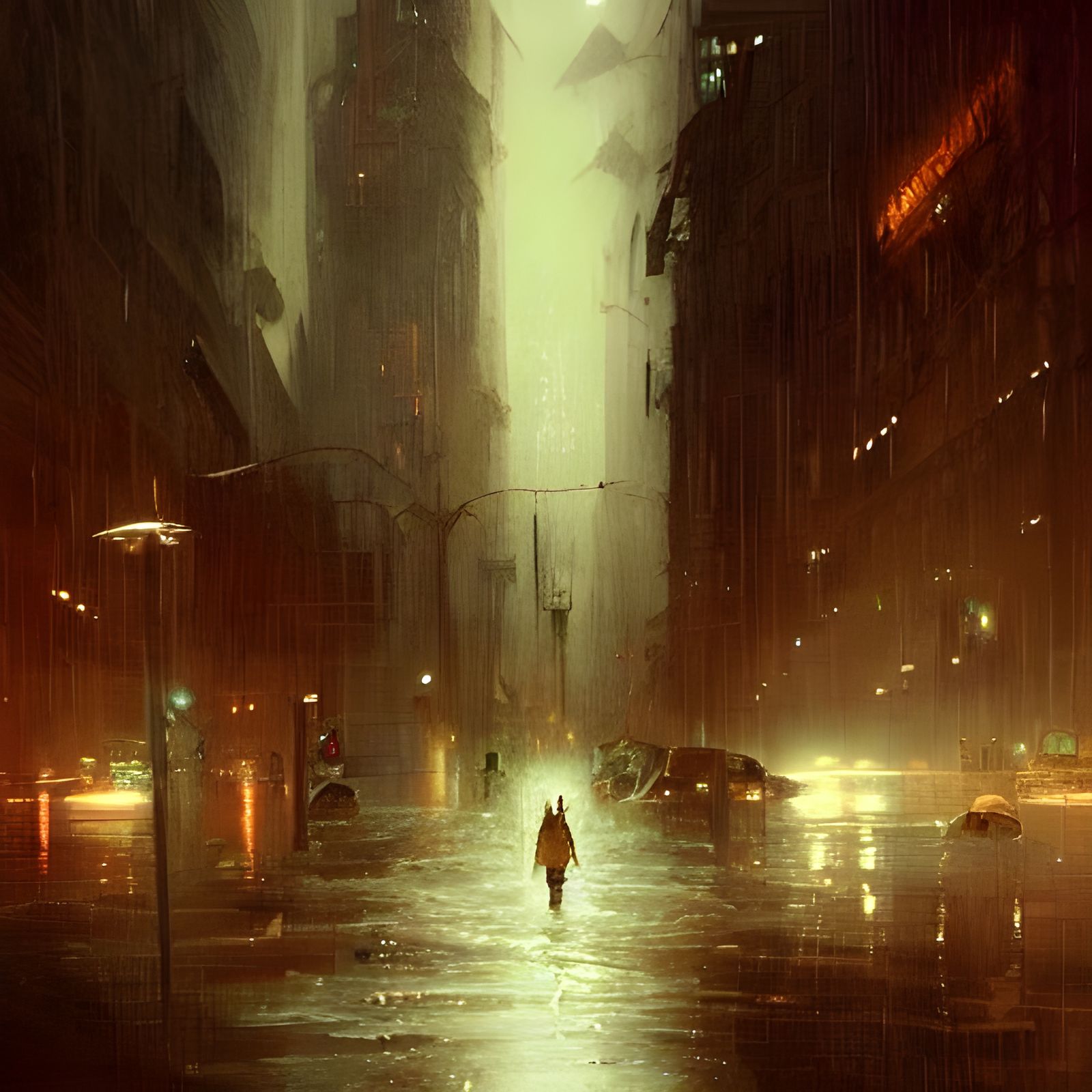 Sinister Flooded City at Night in Dark Fantasy Style