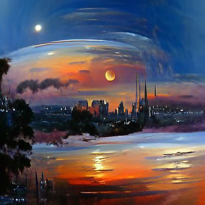 City Skyline at Sunset Sunrise, Oil Painting Style