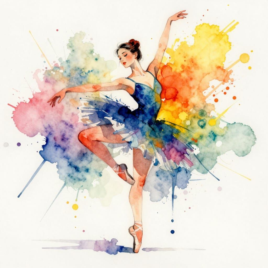 Woman Dancing Ballet in Vibrant Watercolor Splash Style